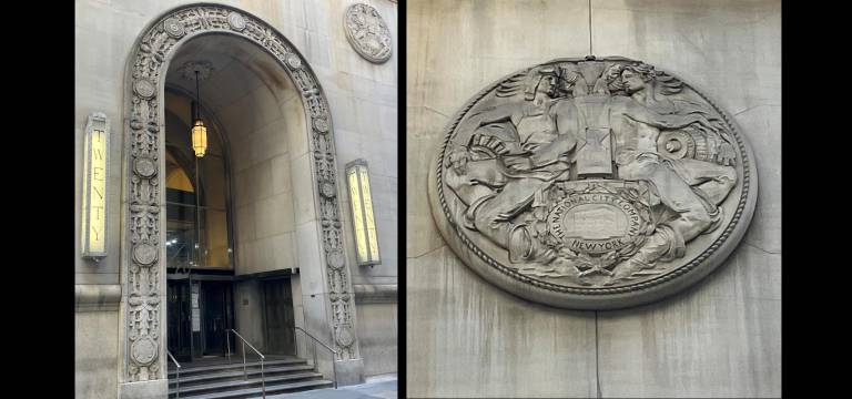 Coins carved around entry to 20 Exchange Place; carved medallion of the National City Company.