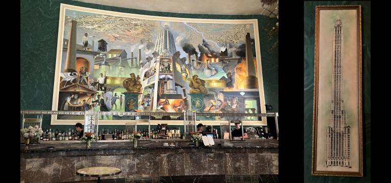 1930s WPA-inspired mural behind bank’s original teller counter. Architectural drawing of 20 Exchange Place.