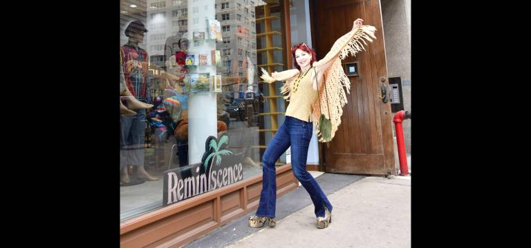 Karen Rempel sprouts wings in a crocheted shawl from Reminiscence.