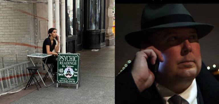 Pamela Ufie (left) on the phone at her Bryant Park psychic stand. Bob Nygaard (right), a retired Nassau County cop, is a self-styled “psychic fraud” investigator.