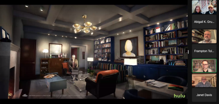 A rendering of Charles-Haden Savage’s apartment, including artwork by Alex Katz. Screenshot via Zoom