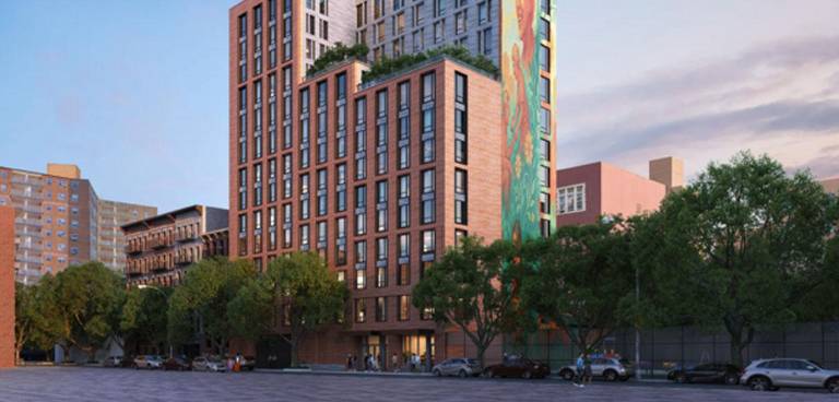 This rendering depicts a street-level view for the planned development, from across East 5th Street.