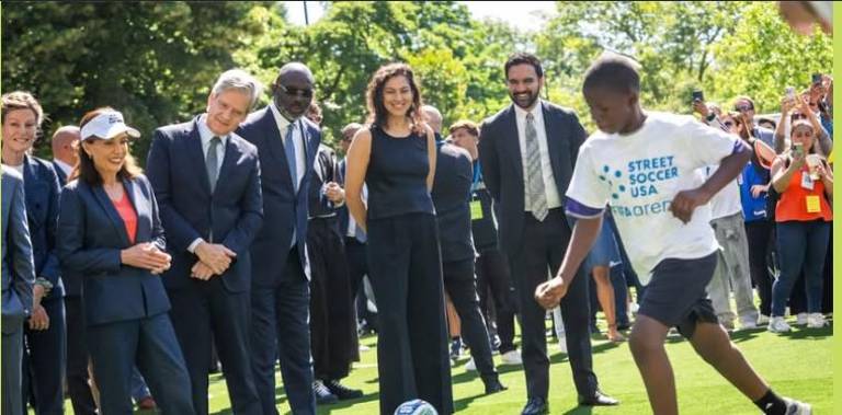Governor Kathy Hochul, Manhattan Borough President Brad Hoylman-Sigal and Mayor Zohran Mamdani opened a mini-soccer pitch at Tavern on the Green in Central Park that will offer free drop in events open to all through July 18.