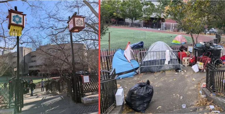 Sara D. Roosevelt Park, southeast gate: After (March 10, 2025) and Before (October 28, 2024).