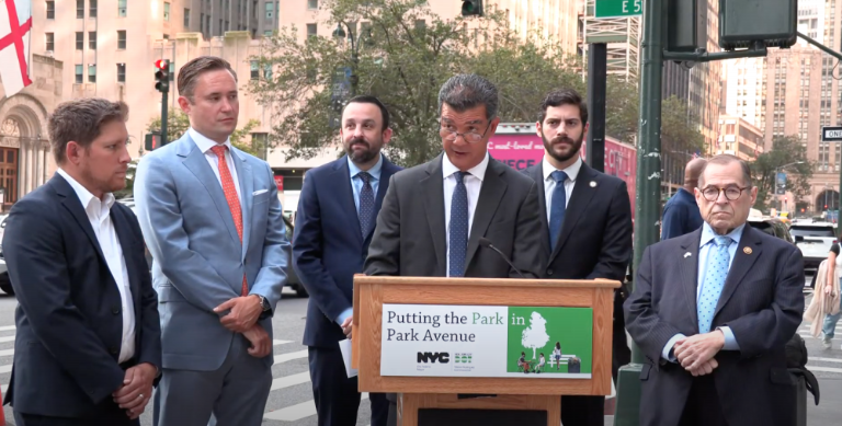 DOT Commissioner Ydanis Rodriguez helming a presser on the proposed expansion of Park Avenue’s medians, which would provide added green space for residents.