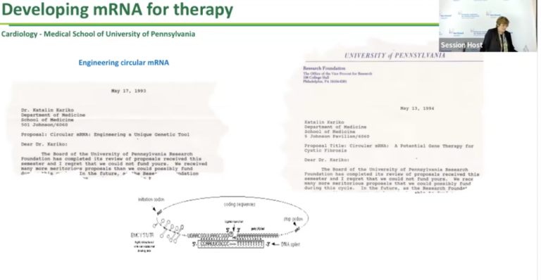 Screenshot of slide with rejection letters to Dr. Katalin Kariko from the 1990s. Photo courtesy of Dr. Katalin Kariko.