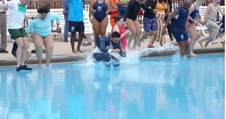 Mayor Zohran Mamdani leaped into the Thomas Jefferson Pool in East Harlem in a two piece business suit to signal the opening of the city’s 53 free, public swimming pools, including 16 in Manhattan, on June 27.