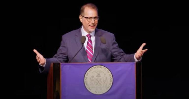 Manhattan borough president Mark Levine, delivering his state of the borough address at Hunter College on March 3 called housing the borough’s “biggest crisis.” Photo: YouTube