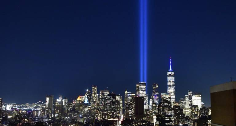 The World Trade Center “Tribute in Light” installation sent beams of hope heavenard from Ground Zero on 9/11/25, the 24th anniversary of the terror attack.
