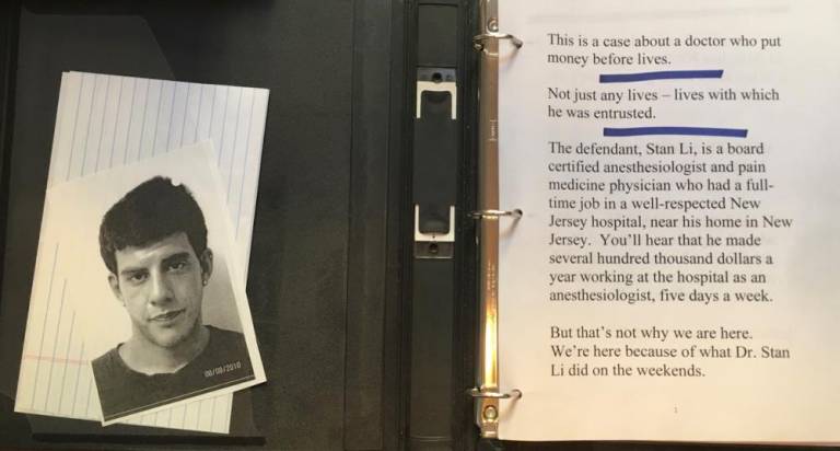 Charlotte Bismuth’s binder for the opening statement at trial, with a photo of Nicholas Rappold concealed in the pocket. Photo: Charlotte Bismuth