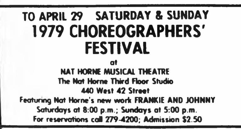 Nat Horne Musical Theatre hosting 1979 Choreographers’ Festival, Amsterdam News ad April 1979.