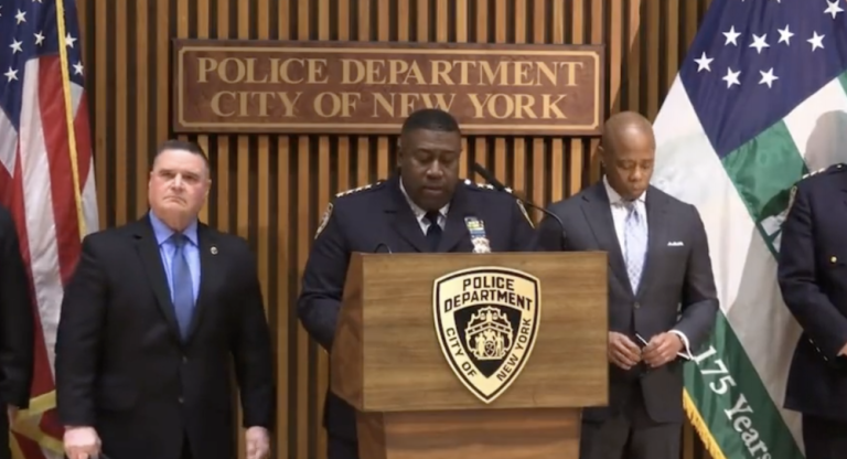 Chief of Department Jeffrey Maddrey, (at mic) at a press conference with Mayor Eric Adams (right) and chief of detectives James Essig. Photo: NYPD twitter.
