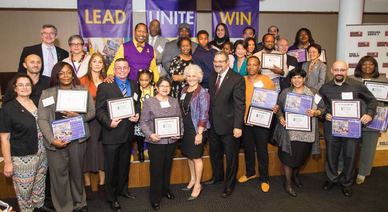 This year's awardees with Straus News President Jeanne Straus, center, and Hector Figueroa