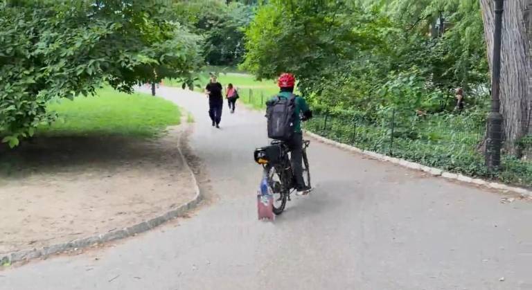 A deliverista appears to take an illegal short cut down a pedestrian pathway recently in Central Park. All bikes are banned on pedestrian paths. Despite a crackdown on bikers for violating traffic laws now underway in Manhattan, regulations for bikes in Central Park are rarely enforced, Straus News has found.