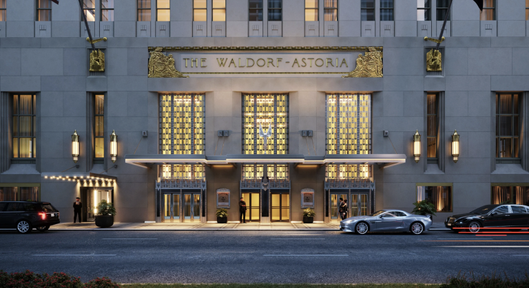 Outside the front of the Waldorf Astoria Hotel