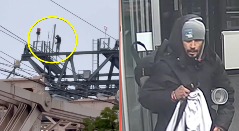 Left: Roosevelt Island tram tower climber. Right: Christian Torres in February 2024, convicted of assault and other crimes June 2025.