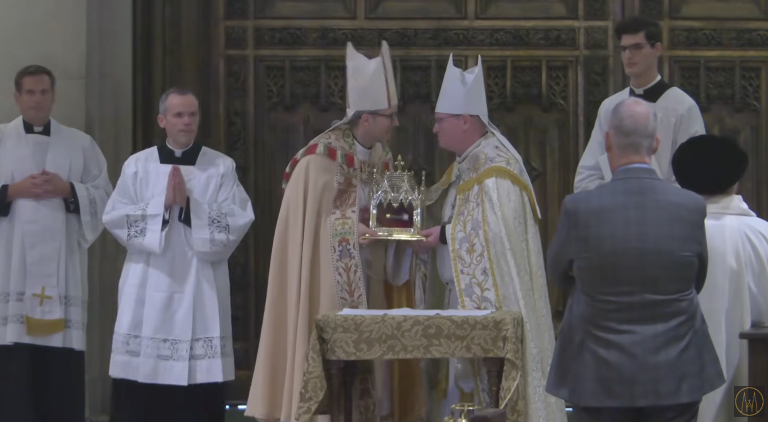Archbishop Ronald Hicks received the remains of the late Archbishop Fulton J. Sheen at St. Patrick’s Cathedral following a recent event in Peoria, IL where the late archbishop was elevated to “blessed” status.