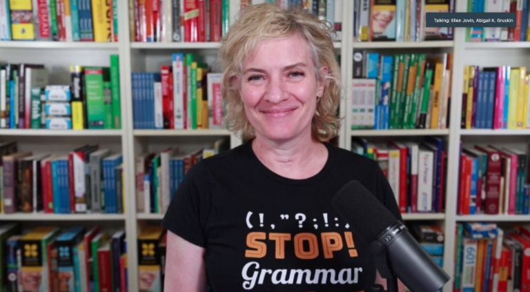Jovin and her wall of grammar books. Photo: Abigail Gruskin
