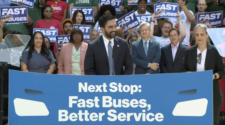 Mayor Mamdani announced the new bus plan at a press conference July 8.
