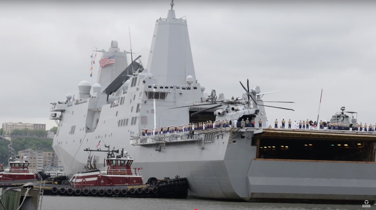 The USS <i>New York </i>docks at Pier 86, joining USS <i>Intrepid</i> for Fleet Week tours and displays.