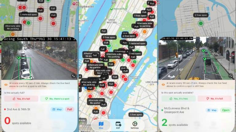 ParkSignal NYC denotes full and open street parking spots with a red or green dot, respectively. Camera feed is also available for users to double-check. Eighteen-year-old Theo Darringer built the app using Claude.