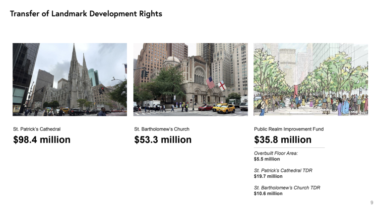 Slide nine of the developer slide deck breaks down the finances and air rights associated with the construction and St. Patrick’s Cathedral, St. Bartholomew’s Church, and the Public Realm Improvement Fund.