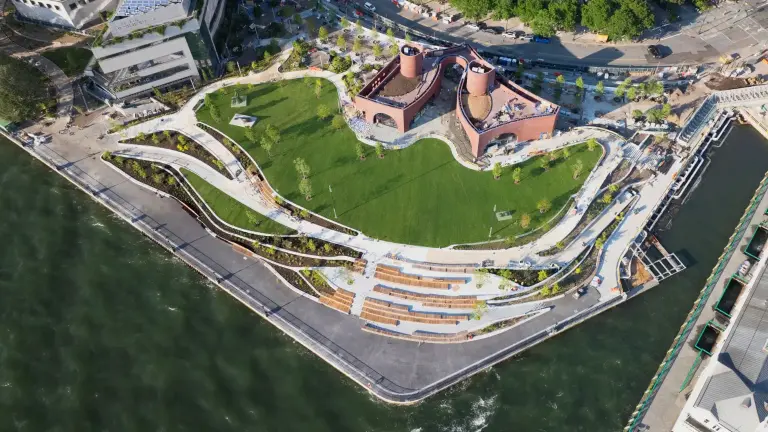 Aerial view of the new Robert F. Wagner Park. B.Y.O.S.: Bring your own shade!