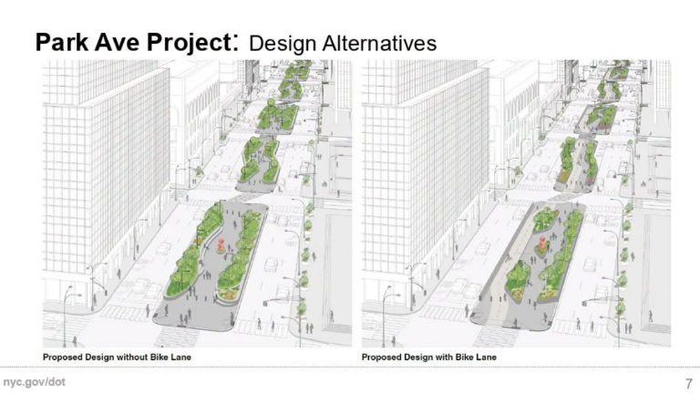 The alternative proposals for the reimagined median: the proposed design without a bike lane is on the left, while the same but with a bike lane is on the right.