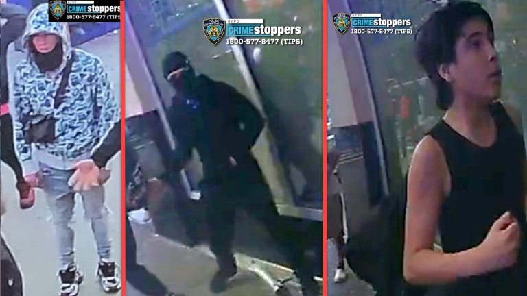 Suspects in the May 2 attack on cops on the northeast corner of 42nd Street and Eighth Avenue. Cops are still seeking some of the suspects involved in the attack.