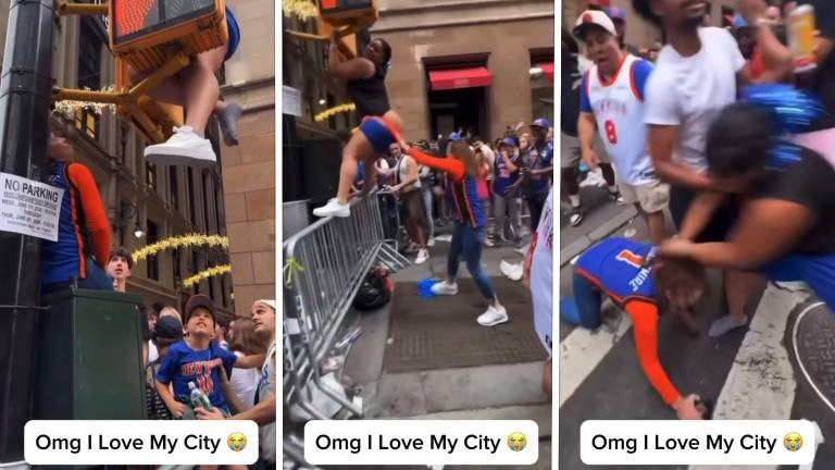 Brawling female Knicks fans at Trinity Place and Thames Street, June 18.