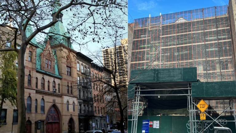 The historic St. Elisabeth of Hungary Church (left), on E. 83rd St., has been turned into a construction site (right) as a developer gets ready to replace it with a seven story luxury condo.