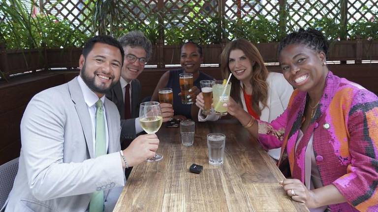 City Council Members (from clockwise) Justin Sanchez, Lincoln Restler, Kamillah Hanks, Julie Menin, and Shanel Thomas-Henry celebrate the return of year-round roadside dining.