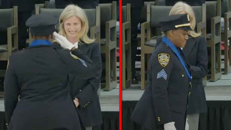 Sergeant Anita Moore and Police Commissioner Jessica Tisch as Moore is among honorees at NYPD Medal Day on June 12.