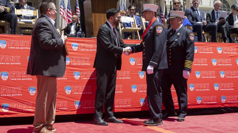 Lieutenant James M. Corey receiving the Firefighter Kevin C. Kane Medal by Mayor Zohran Mamdani. Lieutenant Corey serves with Ladder Company 6, a highly decorated unit at 75 Canal Street in Lower Manhattan colloquially known as the “Chinatown Dragon Fighters.”