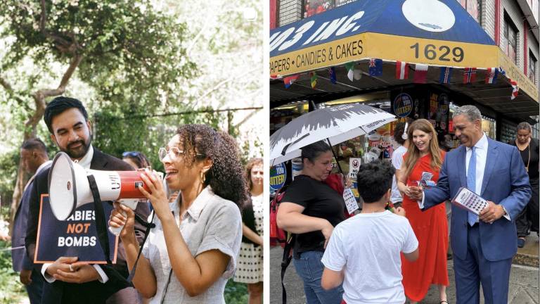 Darializa Aliva Chevalier campaigns with Zohran Mamdahi (left); Adriano Espaillat (right) campaigns with City Council speaker Julie Menin.