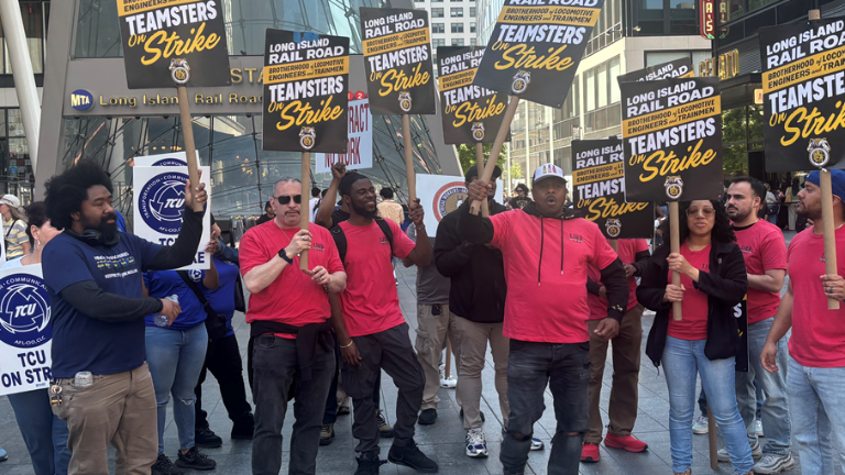Strikers on picket lines outside Penn Station on May 17, the second day of the strike