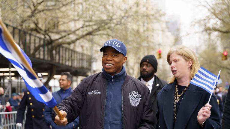 Mayor Eric Adams and Police Commissioner Jessica Tisch at Greek Independence Day Parade, March 30.