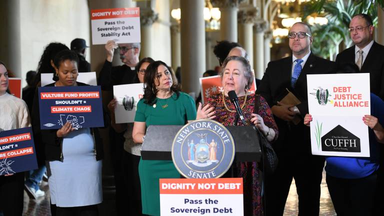 State Sen. Liz Krueger speaks at a press conference in March 2024.