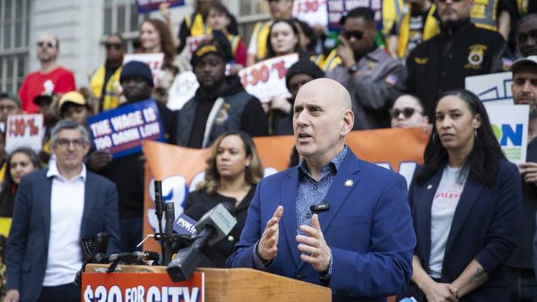 The NY City Council is considering a bill that would raise the city’s minimum wage to $30, up from $17, by 2030. A March 10 rally in support the bill was attended by City Council member Harvey Epstein (above).