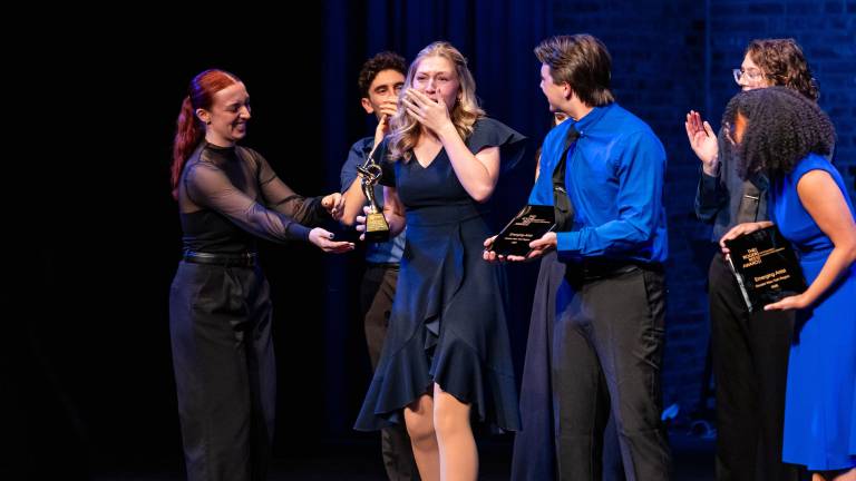 Emersyn Hunt reacting to winning Outstanding Performer for her performance as Beverley Bass in “Come From Away” at the Roger Rees Awards. (Photo: Angela of York)