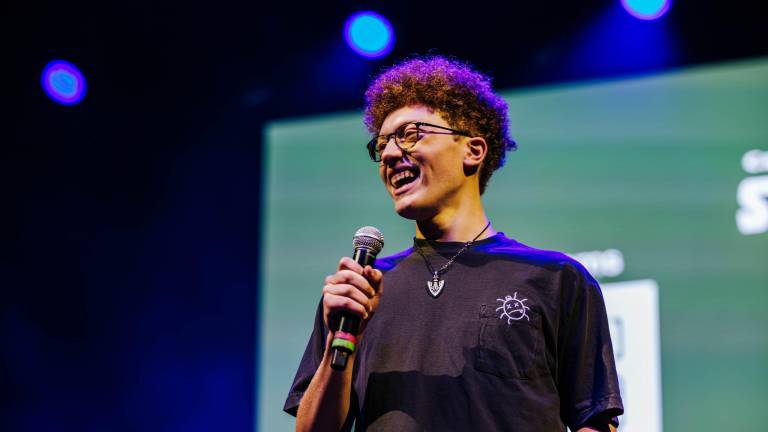 Ian McKinney, a 16-year-old environmental activist from LaGuardia High School, speaks to a crowd of nearly 3,000 at the SummerStage Music For Action benefit concert.