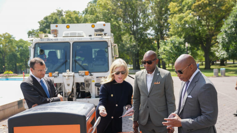 Mayor Eric Adams (right) and Department of Sanitation Commissioner Jessica Tisch (second from left) announced the launch a curbside composting program starting this fall, in Flushing Meadows–Corona Park in Queens, on August 8, 2022. Michael Appleton/Mayoral Photography Office