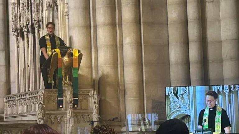 Rev. Adrienne Thorne, senior minister of the Riverside Church, addresses the congregation at a day long event called MLK NOW 2026. She’s standing in the same pulpit where Martin Luther King Jr. delivered his famous “Beyond Vietnam” speech in 1968 a week before he was assassinated.