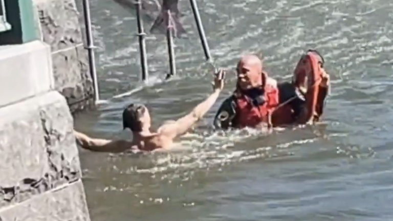 Jason Taylor resists arrest in Central Park’s Harlem Meer after an alleged petit larceny at a Lenox Avenue dry cleaner.