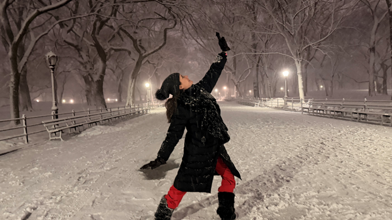Heather Stein during blizzard on The Literary Walk in Central Park, evening of Sunday, Feb. 23.