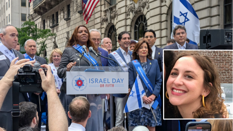 Israel Day Parade 2025, Letitia James at podium; Phylisa Wisdom inset.
