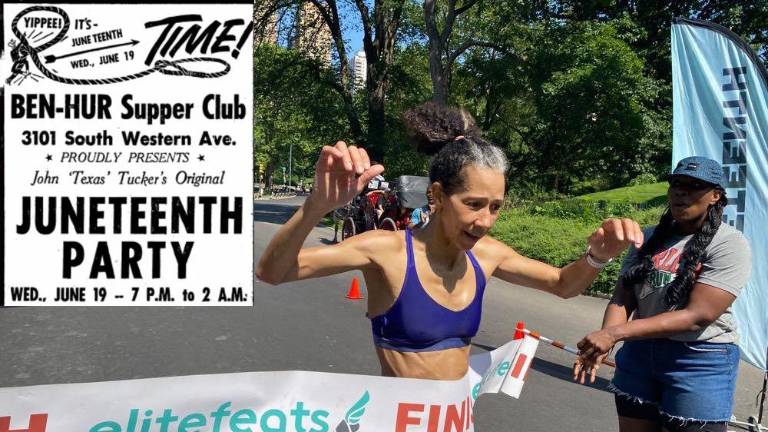 Juneteenth takes Manhattan in a 4 Mile Central Park run every year. Inset in the left hand corner is a poster from a long ago Juneteenth party in California.