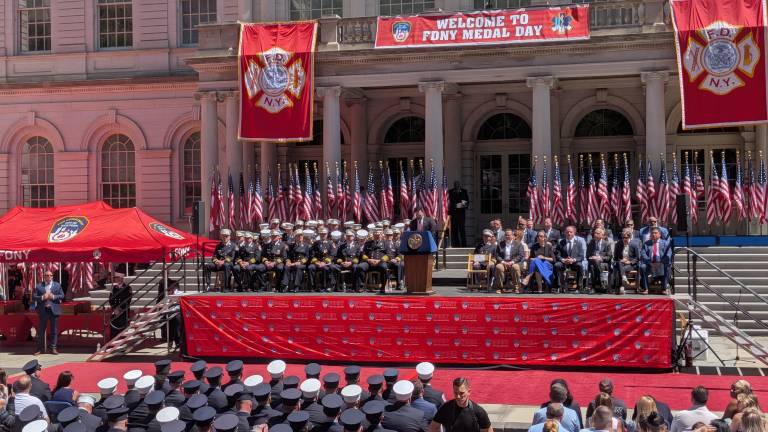 FDNY Medal Day at City Hall, Mayor Mamdani at the podium.