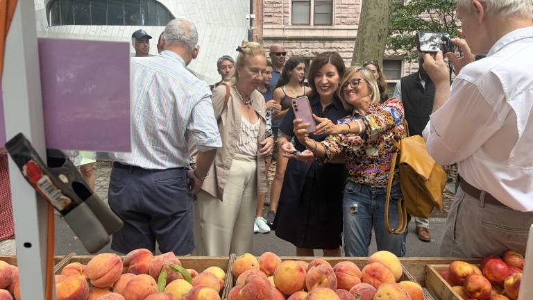 Gov. Kathy Hochul made campaign stops at two farmers’ markets on the Upper West Side.