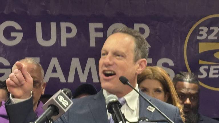 Manny Pastreich, president of 32BJ, rallies workers at a press conference supporting the Aland Etienne Safety and Security Act, which passed the City Council mere hours after the press conference.